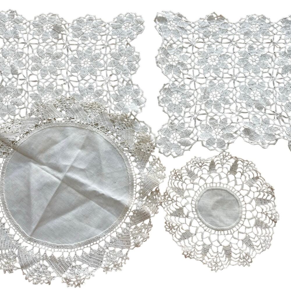 Vintage lot of handmade crochet lace trimmed doilies creamy white 4 pcs variety